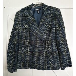 VTG Norton McNaughton Blue Multi Tweed Women's Blazer Sz 12‎ Strap Button Cuffs